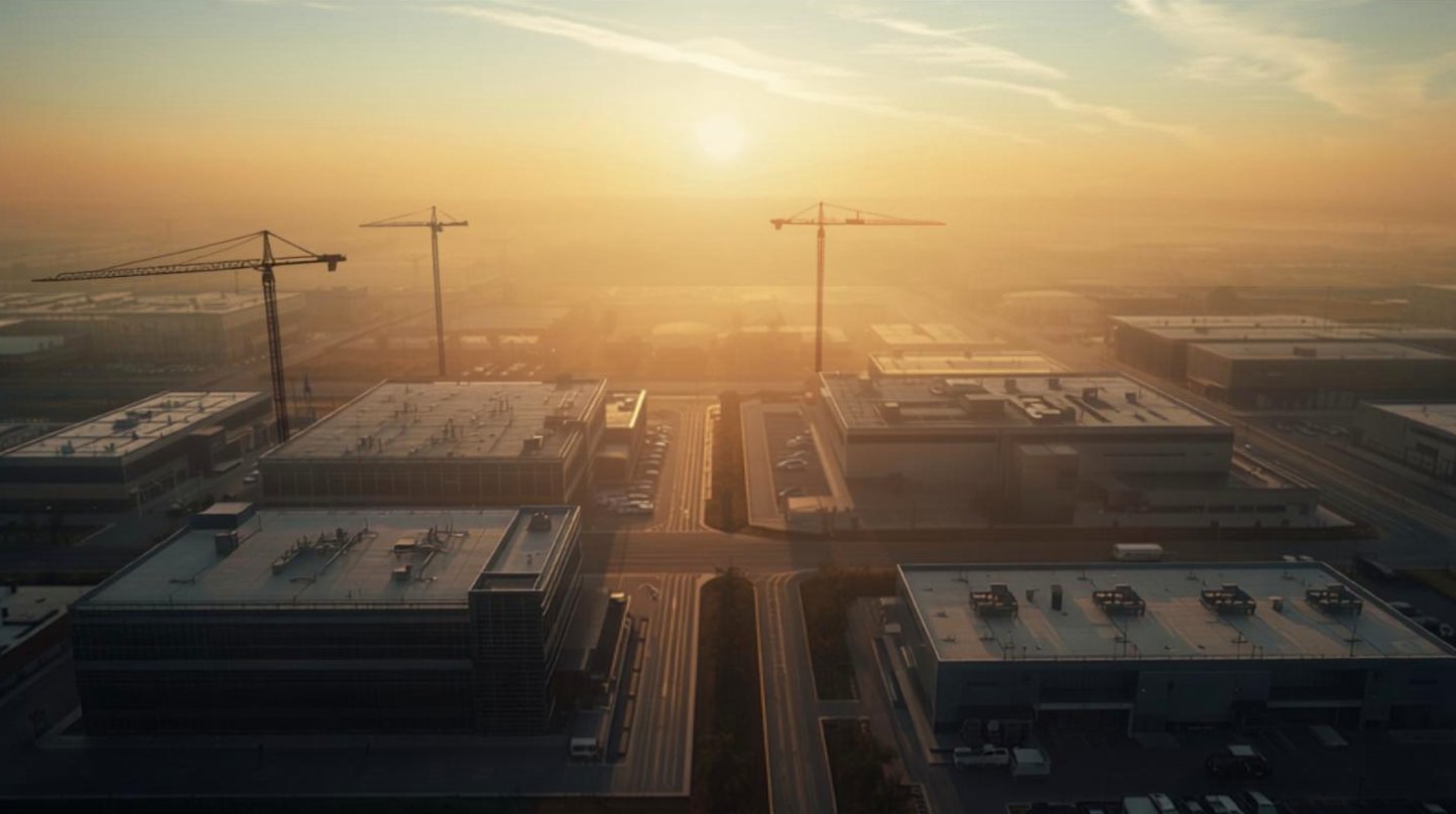 Aerial view of a commercial and industrial business park at first light