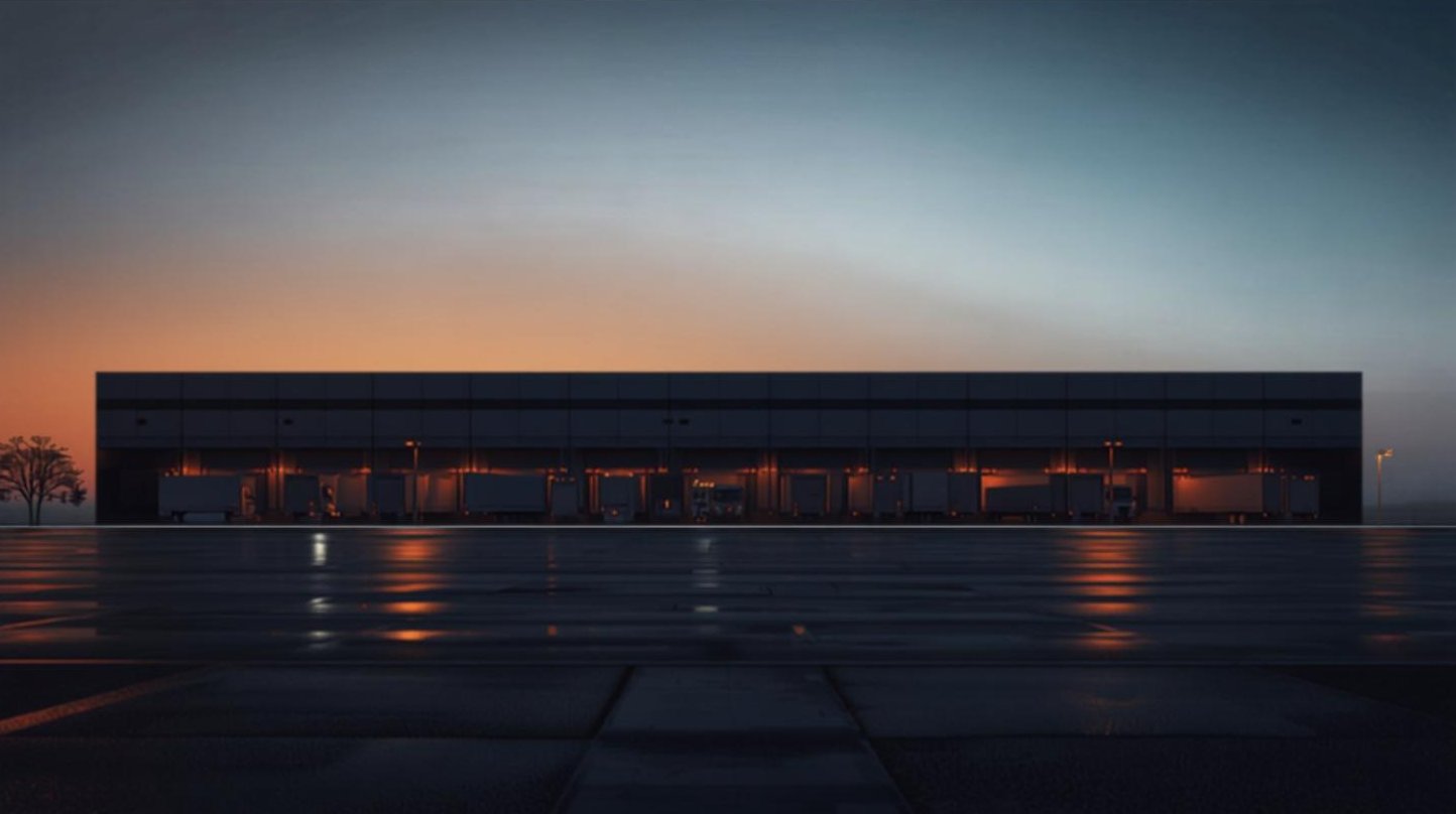 A modern logistics warehouse at dusk with loading docks glowing